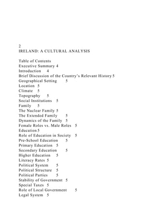 2
IRELAND: A CULTURAL ANALYSIS
Table of Contents
Executive Summary 4
Introduction 4
Brief Discussion of the Country’s Relevant History 5
Geographical Setting 5
Location 5
Climate 5
Topography 5
Social Institutions 5
Family 5
The Nuclear Family 5
The Extended Family 5
Dynamics of the Family 5
Female Roles vs. Male Roles 5
Education 5
Role of Education in Society 5
Pre-School Education 5
Primary Education 5
Secondary Education 5
Higher Education 5
Literacy Rates 5
Political System 5
Political Structure 5
Political Parties 5
Stability of Government 5
Special Taxes 5
Role of Local Government 5
Legal System 5
 