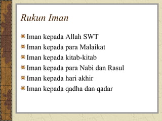 Rukun Iman
 Iman kepada Allah SWT
 Iman kepada para Malaikat
 Iman kepada kitab-kitab
 Iman kepada para Nabi dan Rasul
 Iman kepada hari akhir
 Iman kepada qadha dan qadar
 