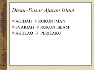 Dasar-Dasar Ajaran Islam
 AQIDAH  RUKUN IMAN
 SYARIAH  RUKUN ISLAM
 AKHLAQ  PERILAKU
 