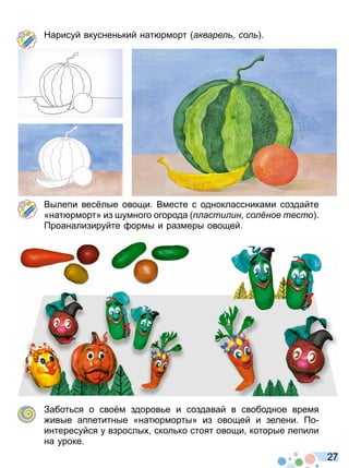 2 7
Нарисуй вкуснен кий нат рморт акваре со
Вылепи вес лые овощи Вместе с одноклассниками создайте
«нат рморт» из шумного огорода асти ин со ное тесто
роанализируйте ормы и размеры овощей
Забот ся о сво м здоров е и создавай в свободное время
ивые аппетитные «нат рморты» из овощей и зелени о
интересуйся у взрослы скол ко стоят овощи которые лепили
на уроке
Право для безоплатного розміщення підручника в мережі Інтернет має
Міністерство освіти і науки України http://mon.gov.ua/ та Інститут модернізації змісту освіти https://imzo.gov.ua
 