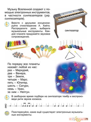 7 1
узыку Вселенной созда т с по
мощ лектронны инструментов
в частности синте аторов укр
синте аторів
Вместе с друз ями инс енизи
руйте сти отворение А айта
аспределите роли выберите
музыкал ные инструменты Ка
дой планете придумайте звуковое
сопрово дение
о порядку все планеты
назов т л бой из нас:
раз еркурий
два Венера
три Земля
четыре арс
пят питер
шест Сатурн
сем Уран
за ним Нептун
В свободное время подбери на синтезаторе тембр и воспроиз
веди ритм звуков космоса
˙ œ œ œ œ œ œ ˙ ˙ œ œ œ œ ˙ ˙
к 1
Партитура
˙
2
4
оинтересуйся какие ещ существу т лектронные музыкал
ные инструменты
В свободное время подбери на синтезаторе тембр и воспроиз
синтезатор
Право для безоплатного розміщення підручника в мережі Інтернет має
Міністерство освіти і науки України http://mon.gov.ua/ та Інститут модернізації змісту освіти https://imzo.gov.ua
 