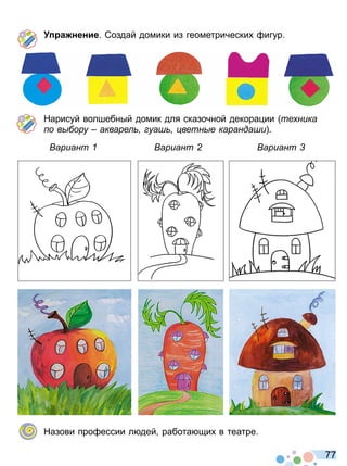 7 7
а нение Создай домики из геометрически игур
Нарисуй волшебный домик для сказочной декора ии те ника
о в ору акваре уа ветн е каранда и
ариант ариант ариант
Назови про ессии л дей работа щи в театре
Право для безоплатного розміщення підручника в мережі Інтернет має
Міністерство освіти і науки України http://mon.gov.ua/ та Інститут модернізації змісту освіти https://imzo.gov.ua
 