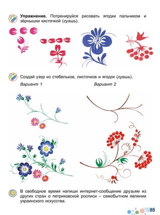 8 5
а нение отренируйся рисоват ягодки пал чиком и
з рнышки кисточкой уа
Создай узор из стебел ков листочков и ягодок уа
ариант ариант
В свободное время напиши интернет сообщение друз ям из
други стран о петриковской росписи самобытном явлении
украинского искусства
Право для безоплатного розміщення підручника в мережі Інтернет має
Міністерство освіти і науки України http://mon.gov.ua/ та Інститут модернізації змісту освіти https://imzo.gov.ua
 