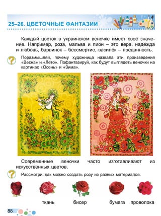 8 8
Ка дый веток в украинском веночке имеет сво значе
ние Например роза мал ва и пион то вера наде да
и л бов барвинок бессмертие васил к преданност
оразмышляй почему удо ни а назвала ти произведения
«Весна» и «Лето» о антазируй как будут выглядет веночки на
картина «Осен » и «Зима»
Современные веночки часто изготавлива т из
искусственны ветов
ассмотри как мо но создат розу из разны материалов
ткан бисер бумага проволока
ЕТО Е А ТА ИИ
Право для безоплатного розміщення підручника в мережі Інтернет має
Міністерство освіти і науки України http://mon.gov.ua/ та Інститут модернізації змісту освіти https://imzo.gov.ua
 