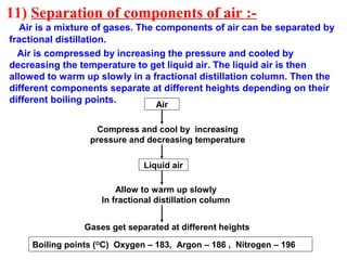 11) Separation of components of air :-
Air is a mixture of gases. The components of air can be separated by
fractional distillation.
Air is compressed by increasing the pressure and cooled by
decreasing the temperature to get liquid air. The liquid air is then
allowed to warm up slowly in a fractional distillation column. Then the
different components separate at different heights depending on their
different boiling points.
Compress and cool by increasing
pressure and decreasing temperature
Allow to warm up slowly
In fractional distillation column
Gases get separated at different heights
Boiling points (O
C) Oxygen – 183, Argon – 186 , Nitrogen – 196
Air
Liquid air
 