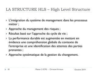LA STRUCTURE HLS – High Level Structure
 L'intégration du système de management dans les processus
métier ;
 Approche du management des risques ;
 Résultat basé sur l’approche du cycle de vie ;
 La performance durable est augmentée en mettant en
évidence une compréhension globale du contexte de
l'entreprise et une identification des attentes des parties
prenantes ;
 Approche systématique de la gestion du changement.
Master 2 ICMS - ChristianVirmaux
18 Octobre 2019
 
