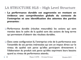 LA STRUCTURE HLS – High Level Structure
 La performance durable est augmentée en mettant en
évidence une compréhension globale du contexte de
l'entreprise et une identification des attentes des parties
prenantes :
❑ Performance durable (résultat mesurable): les actions qui sont
menées dans le cadre de la qualité sont des actions de long terme
qui permettent d’obtenir des résultats durables.
❑ Dans cette configuration là, l’entreprise crée de la performance avec
l’ensemble de ses parties intéressées qui ont un impact direct sur le
niveau de qualité soit parce qu’elles participent directement à
l’élaboration du produit soit parce qu’elles expriment leurs besoins
quand au niveau de performance attendu.
Master 2 ICMS - ChristianVirmaux
22 Octobre 2019
 