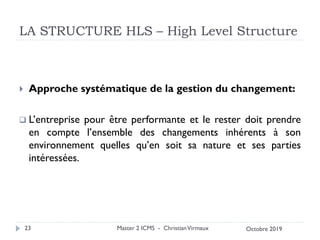LA STRUCTURE HLS – High Level Structure
 Approche systématique de la gestion du changement:
❑ L’entreprise pour être performante et le rester doit prendre
en compte l’ensemble des changements inhérents à son
environnement quelles qu’en soit sa nature et ses parties
intéressées.
Master 2 ICMS - ChristianVirmaux
23 Octobre 2019
 