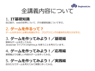 全講義内容について
1. IT基礎知識
自己紹介、webの世界について、ITの基礎知識について学ぶ。
2. ゲームを作るって？
ゲームを作るのに必要な知識を学ぶ。プログラミングの基本的な考え方を学ぶ。
3. ゲームを作ってみよう！／基礎編
簡単...