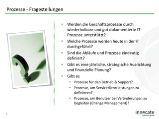 Prozesse - Fragestellungen
• Werden die Geschäftsprozesse durch
wiederholbare und gut dokumentierte ITProzesse unterstützt?
• Welche Prozesse werden heute in der IT
durchgeführt?
• Sind die Abläufe und Prozesse eindeutig
definiert?
• Gibt es eine jährliche, strategische Ausrichtung
und finanzielle Planung?
• Gibt es
• Prozesse für den Betrieb & Support?
• Prozesse, um Servicedienstleistungen zu
definieren?
• Prozesse, um Benutzer bei Veränderungen zu
begleiten (Change Management)?
6

 