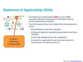 Statement of Applicability (SOA)
} The Statement of Applicability (SOA) is a key ISMS
document listing the organization’s ...