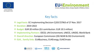 Key facts
 Legal basis: EC Implementing Decision C(2017)7963 of 27 Nov. 2017
 Duration: 2019-2022
 Budget: EUR 20 million (EU contribution: EUR 19.5 million)
 Implementing Partners: OECD, UN Environment, UNECE, UNIDO, World Bank
 Overall direction: European Commission (DG NEAR & DG Environment)
 EU4… family links: EU4Business, EU4Energy, EU4Climate
 