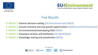 Five Results
 RESULT 1. Greener decision-making (UN Environment and UNECE)
 RESULT 2. Circular economy and new growth opportunities (UNIDO and UN Environment)
 RESULT 3. An environmental level playing field (OECD)
 RESULT 4. Ecosystem services and livelihoods (the World Bank)
 RESULT 5. Knowledge sharing and coordination (OECD)
 