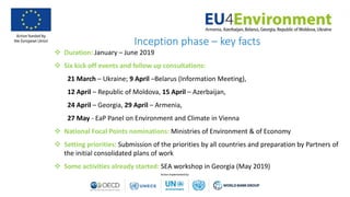 Inception phase – key facts
 Duration: January – June 2019
 Six kick off events and follow up consultations:
21 March – Ukraine; 9 April –Belarus (Information Meeting),
12 April – Republic of Moldova, 15 April – Azerbaijan,
24 April – Georgia, 29 April – Armenia,
27 May - EaP Panel on Environment and Climate in Vienna
 National Focal Points nominations: Ministries of Environment & of Economy
 Setting priorities: Submission of the priorities by all countries and preparation by Partners of
the initial consolidated plans of work
 Some activities already started: SEA workshop in Georgia (May 2019)
 