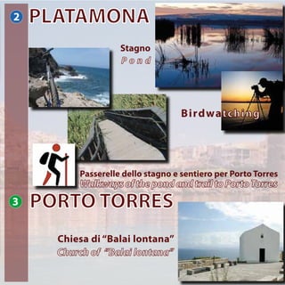 3 PORTO TORRES
2
Passerelle dello stagno e sentiero per Porto Torres
WalkwaysofthepondandtrailtoPortoTorres
PLATAMONA
Chiesa di “Balai lontana”
Church of “Balai lontana”
Stagno
P o n d
Birdwatching
 