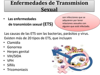 Enfermedades de Transmision
Sexual
• Las enfermedades
de transmisión sexual (ETS)
Las causas de las ETS son las bacterias, parásitos y virus.
Existen más de 20 tipos de ETS, que incluyen
• Clamidia
• Gonorrea
• Herpes genital
• VIH/SIDA
• VPH
• Sífilis
• Tricomoniasis
son infecciones que se
adquieren por tener
relaciones sexuales con
alguien que esté infectado.
 