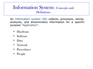 Information System : Concepts and
                   Definitions

An information system (IS) collects, processes, stores,
analyzes, and disseminates information for a specific
purpose “Application”.

  •   Hardware
  •   Software
  •   Data
  •   Network
  •   Procedures
  •   People


                                                          2
 