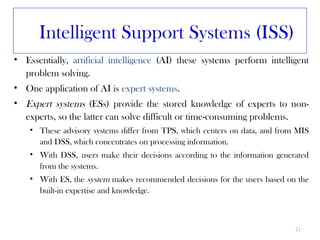 Intelligent Support Systems (ISS)
• Essentially, artificial intelligence (AI) these systems perform intelligent
  problem solving.
• One application of AI is expert systems.
• Expert systems (ESs) provide the stored knowledge of experts to non-
  experts, so the latter can solve difficult or time-consuming problems.
    • These advisory systems differ from TPS, which centers on data, and from MIS
      and DSS, which concentrates on processing information.
    • With DSS, users make their decisions according to the information generated
      from the systems.
    • With ES, the system makes recommended decisions for the users based on the
      built-in expertise and knowledge.



                                                                             21
 