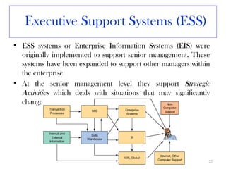 Executive Support Systems (ESS)
• ESS systems or Enterprise Information Systems (EIS) were
  originally implemented to support senior management. These
  systems have been expanded to support other managers within
  the enterprise
• At the senior management level they support Strategic
  Activities which deals with situations that may significantly
  change the manner in which business is done




                     Chapter 2                                22
 
