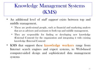 Knowledge Management Systems
                (KMS)
• An additional level of staff support exists between top and
  middle management.
   • These are professional people, such as financial and marketing analysts
     that act as advisors and assistants to both top and middle management.
   • They are responsible for finding or developing new knowledge
     (External Content) for the organization and integrating it with existing
     knowledge (Internal Content)
• KMS that support these knowledge workers range from
  Internet search engines and expert systems, to Web-based
  computer-aided design and sophisticated data management
  systems


                                                                           24
 