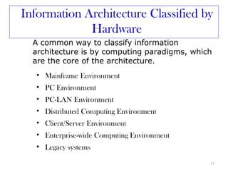 Information Architecture Classified by
             Hardware
  A common way to classify information
  architecture is by computing paradigms, which
  are the core of the architecture.
   • Mainframe Environment
   • PC Environment
   • PC-LAN Environment
   • Distributed Computing Environment
   • Client/Server Environment
   • Enterprise-wide Computing Environment
   • Legacy systems

                                              31
 