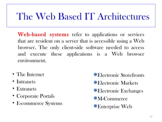 The Web Based IT Architectures
    Web-based systems refer to applications or services
    that are resident on a server that is accessible using a Web
    browser. The only client-side software needed to access
    and execute these applications is a Web browser
    environment.

•   The Internet                       Electronic Storefronts
•   Intranets                          Electronic Markets
•   Extranets                          Electronic Exchanges
•   Corporate Portals                  M-Commerce
•   E-commerce Systems
                                       Enterprise Web
                                                                   32
 