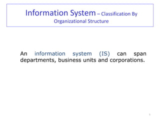 Information System – Classification By
            Organizational Structure




An information system (IS) can span
departments, business units and corporations.




                                                5
 