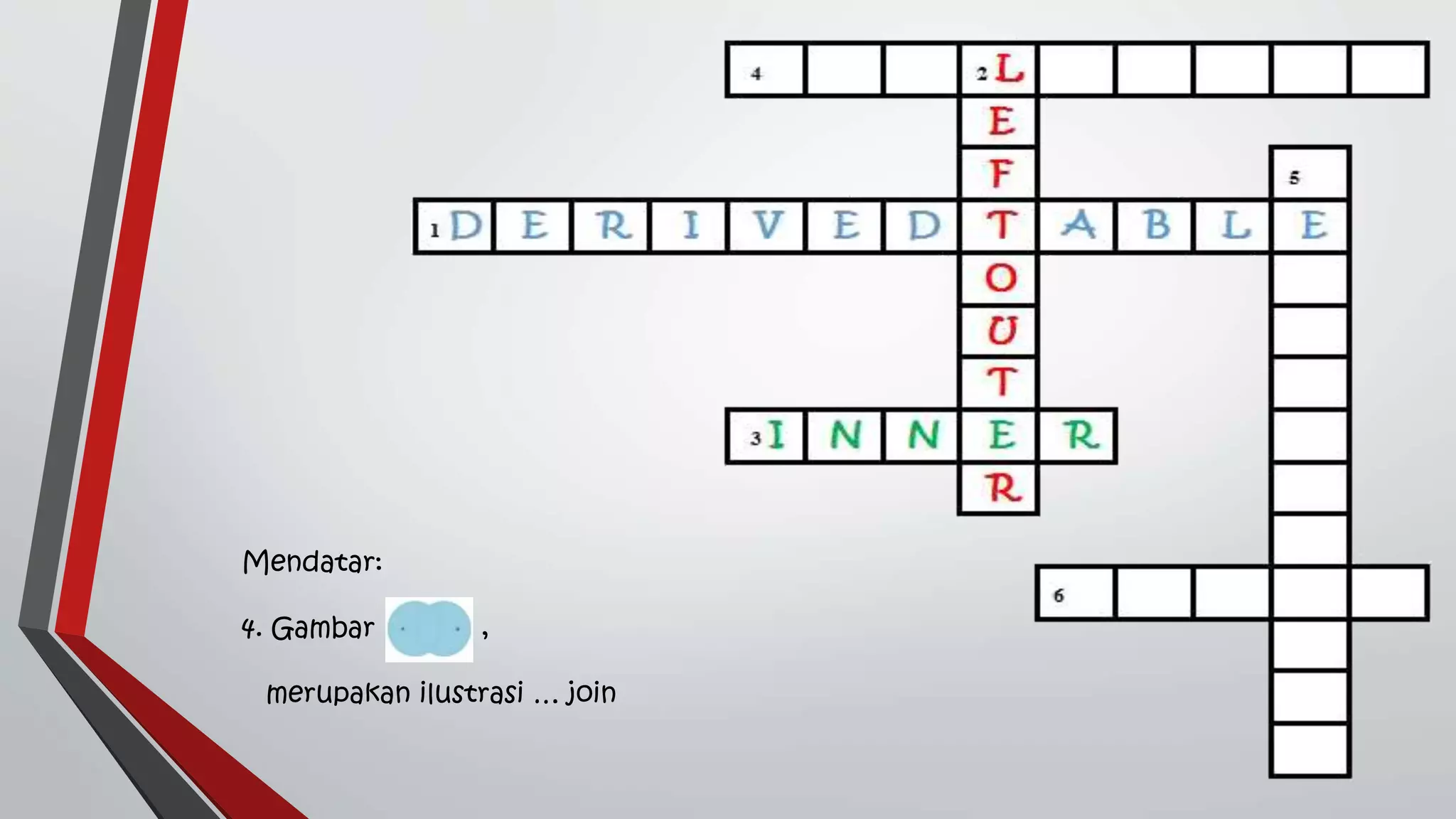 Mendatar:
4. Gambar ,
merupakan ilustrasi … join
 