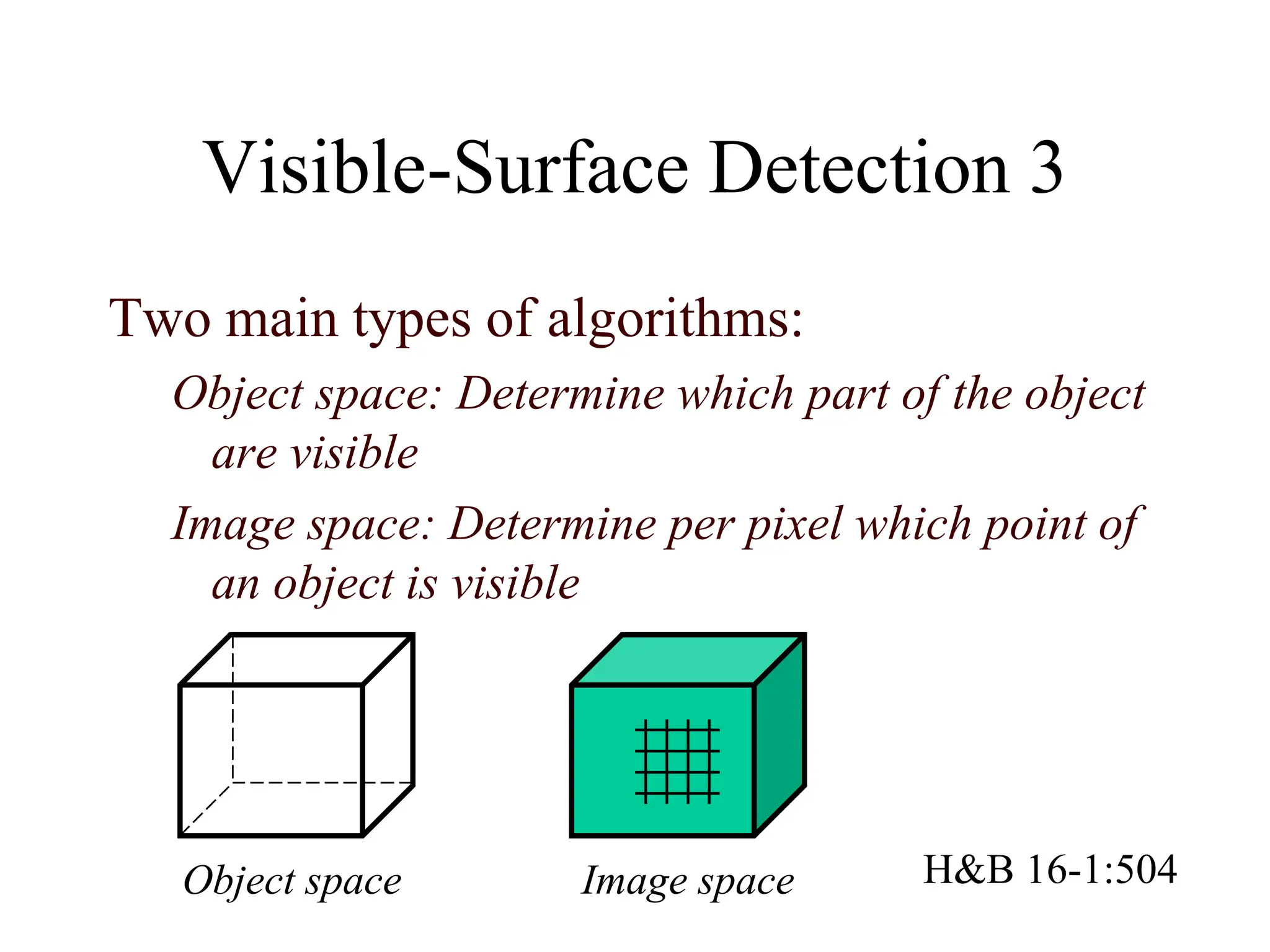 Visible-Surface Detection 3
Two main types of algorithms:
Object space: Determine which part of the object
are visible
Image space: Determine per pixel which point of
an object is visible
H&B 16-1:504
Object space Image space
 