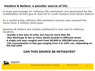 A large percentage of  refinery CO 2   emissions are generated by the combustion of fuel gas or fuel oil in crude heaters and steam boilers In a world-scale refinery this emission source may account for more than 2 million tons/year. Heaters & boilers are widely scattered in size and in refinery location. Usually a few tens of units, but may be more than 50.  May discharge to ten or more stacks located in different zones  A single unit may roughly emit from 50,000 to 500,000 tons/year CO 2  concentration in flue gas ranging from 4 to 10% vol., depending on the fuel used CAN THIS SOURCE BE MITIGATED? Heaters & Boilers: a peculiar source of CO 2 