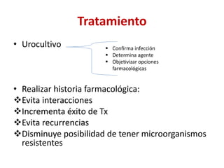 Tratamiento
• Urocultivo
• Realizar historia farmacológica:
Evita interacciones
Incrementa éxito de Tx
Evita recurrencias
Disminuye posibilidad de tener microorganismos
resistentes
 Confirma infección
 Determina agente
 Objetivizar opciones
farmacológicas
 