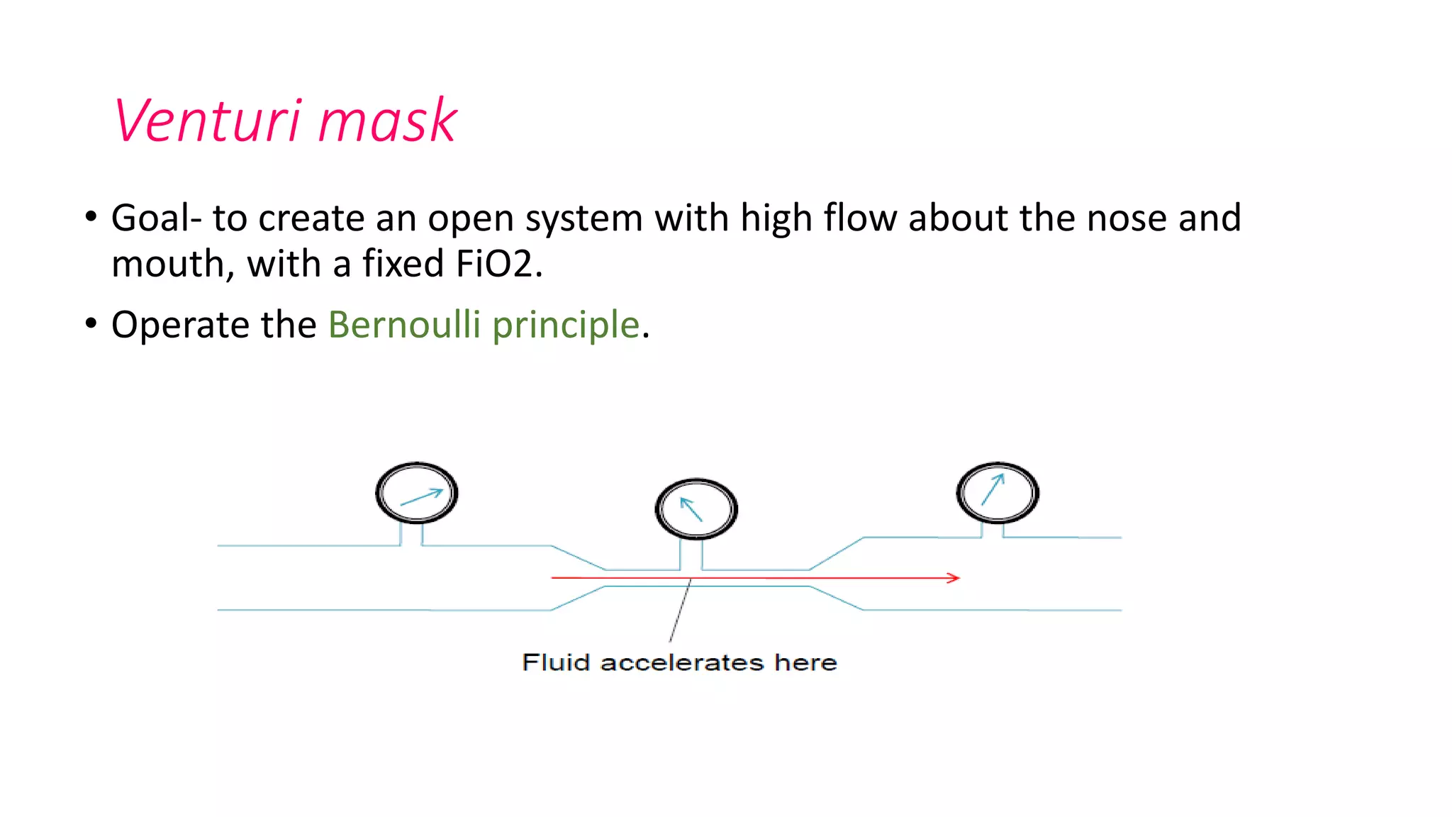 Venturi mask
• Goal- to create an open system with high flow about the nose and
mouth, with a fixed FiO2.
• Operate the Bernoulli principle.
•
 