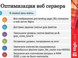 Оптимизация веб сервера
В первый день войны
Уменьшали уровень сжатия файлов до 6,
gzip_comp_level 6
Оставляли уровень логирования на error
Увеличили количество кэшированных
метаданных файлов (open_file_cache max=60000)
Загрузили все статические ресурсы в RAM
DISK, у нас не было memcache
Доставка заранее сжатых gzip файлов
Все изображения для landing page (35) положили
в web server Nginx
1
2
3
4
5
6
 
