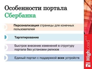 Особенности портала
Сбербанка
Таргетирование
Персонализация страницы для конечных
пользователей
Быстрое внесение изменений в структуру
портала без установки релизов
Единый портал с поддержкой всех устройств
 