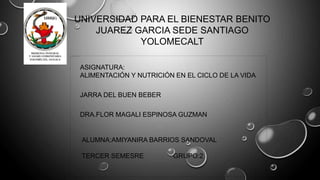 UNIVERSIDAD PARA EL BIENESTAR BENITO
JUAREZ GARCIA SEDE SANTIAGO
YOLOMECALT
ASIGNATURA:
ALIMENTACIÓN Y NUTRICIÓN EN EL CICLO DE LA VIDA
JARRA DEL BUEN BEBER
DRA.FLOR MAGALI ESPINOSA GUZMAN
ALUMNA:AMIYANIRA BARRIOS SANDOVAL
TERCER SEMESRE GRUPO:2
 