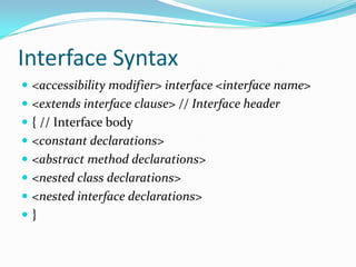 Interface Syntax
 <accessibility modifier> interface <interface name>
 <extends interface clause> // Interface header
 { // Interface body
 <constant declarations>
 <abstract method declarations>
 <nested class declarations>
 <nested interface declarations>
 }
 