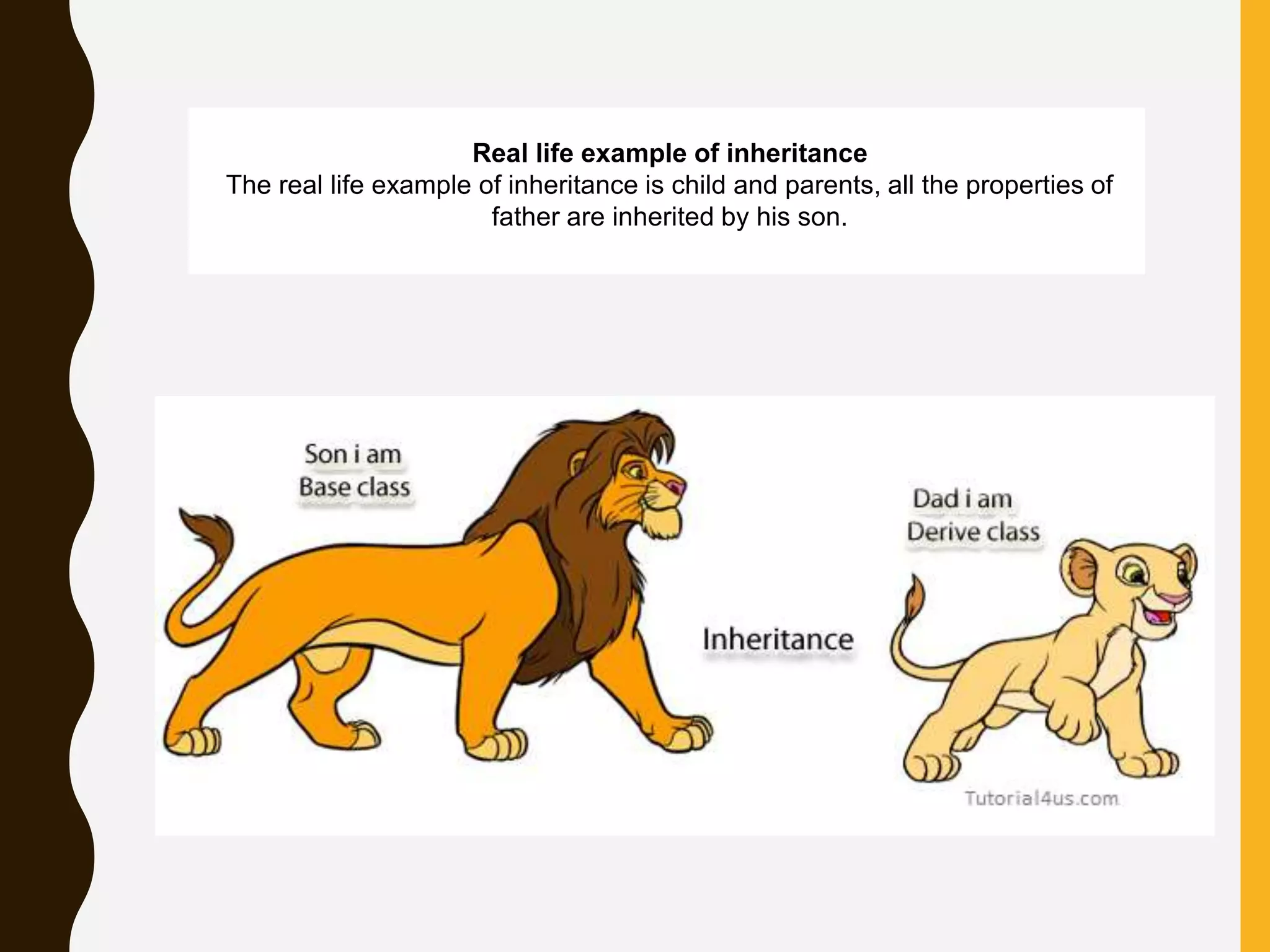 Real life example of inheritance The real life example of inheritance is child and parents, all the properties of father are inherited by his son. 