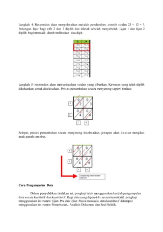 Langkah 4: Responden akan menyelesaikan masalah pendaraban. contoh soalan 23 × 12 = ?. 
Potongan lajur bagi sifir 2 dan 3 dipilih dan diletak sebelah menyebelah. Lajur 1 dan lajur 2 
dipilih bagi mewakili darab melibatkan dua digit. 
Langkah 5: responden akan menyelesaikan soalan yang diberikan. Kawasan yang telah dipilih 
dikeluarkan untuk diselesaikan. Proses penambahan secara menyerong seperti berikut: 
Selepas proses penambahan secara menyerong diselesaikan, jawapan akan disusun mengikut 
anak panah tersebut. 
Cara Pengumpulan Data 
Dalam penyelidikan tindakan ini, pengkaji telah menggunakan kaedah pengumpulan 
data secara kualitatif dan kuantitatif. Bagi data yang diperolehi secara kuantitatif, pengkaji 
menggunakan instrumen Ujian Pra dan Ujian Pasca manakala data kuanlitatif dikumpul 
menggunakan instrumen Pemerhatian, Analisis Dokumen dan Soal Selidik. 
 