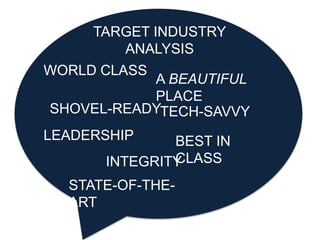 WORLD CLASS
SHOVEL-READY
LEADERSHIP
A BEAUTIFUL
PLACE
TECH-SAVVY
INTEGRITY
BEST IN
CLASS
TARGET INDUSTRY
ANALYSIS
STATE-OF...