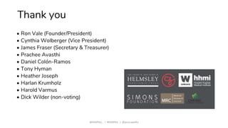 Thank you
• Ron Vale (Founder/President)
• Cynthia Wolberger (Vice President)
• James Fraser (Secretary & Treasurer)
• Prachee Avasthi
• Daniel Colón-Ramos
• Tony Hyman
• Heather Joseph
• Harlan Krumholz
• Harold Varmus
• Dick Wilder (non-voting)
@ASAPbio_ | #ASAPbio | @jessicapolka
 