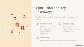 Conclusion and Key
Takeaways
Translation plays a crucial role in connecting people across languages and
cultures.
1 Communication
Facilitating communication
between people from
different linguistic
backgrounds.
2 Understanding
Promoting cultural
understanding and fostering
a global perspective.
3 Accessibility
Making information and resources accessible to a wider audience.
 