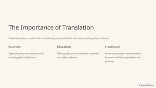 The Importance of Translation
Translation plays a crucial role in facilitating communication and understanding across cultures.
Business
Expanding into new markets and
reaching global audiences.
Education
Making educational materials accessible
to a wider audience.
Healthcare
Ensuring accurate communication
between healthcare providers and
patients.
 