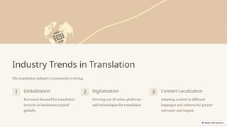 Industry Trends in Translation
The translation industry is constantly evolving.
1 Globalization
Increased demand for translation
services as businesses expand
globally.
2 Digitalization
Growing use of online platforms
and technologies for translation.
3 Content Localization
Adapting content to different
languages and cultures for greater
relevance and impact.
 