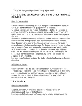 1.000 g, permanganato potásico-500g, agua-100 l.
7.2.5. CHANCRO DEL MELOCOTONERO Y DE OTROS FRUTALES
DE HUESO
Descripcióny daños
Enfermedad debidaal ataque de un hongo denominado Fusicoccum,
que suele confundirse con el que produce el cribado.
El ataque se inicia en las yemas de los brotes del alo o en los de la
estación precedente.Aparece un área necrosadade color parduzco,
ligeramente deprimida,de contorno elíptico y centrada sobre la yema
atacada.
Más tarde, cuando el chancro ha dado la vuelta al ramo, se observa el
marchitamiento de la parte situada por encima de la zona atacada.
Este desecamiento se manifiesta en la primavera, en la floración y,
generalmente, a lo largo del verano. Es debido a que el hongo produce
una sustancia tóxica que arrastra la corriente de savia ascendente.
Si el ramo del año no muere, el parásito se mantiene y prosigue su
evolución. Al año siguiente aparecen las fructificacionesnegras del
hongo que son las semillas o esporas,a partir de las cuales se
propaga la enfermedad.
La hojas manifiestan el cribado del limbo y hasta las flores puedenser
atacadas.
Métodos de control
Supresióninmediata de las partes atacadas y pulverización en los
estados siguientes:a la caída de las hojas, al desborre,a la floración y
a la recoleccióncon un caldo a base de funguicidas como el ziram,
ferban, tiram o captan a la dosis corriente de 300 g de producto
comercialpor 100 l de agua.
7.2.6. VIRUELA
Descripcióny daños
Es producidapor un virus que causa enormes pérdidas en
albaricoqueros Búlida y Gaita Rocha.
Los frutos del albaricoquero afectado por la viruela presentan en la
 