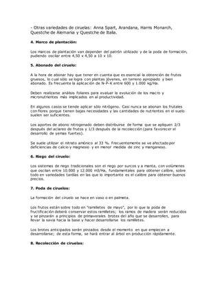 - Otras variedades de ciruelas: Anna Spart, Arandana, Harris Monarch,
Questche de Alemania y Questche de Italia.
4. Marco de plantación:
Los marcos de plantación van depender del patrón utilizado y de la poda de formación,
pudiendo oscilar entre 4,50 x 4,50 a 10 x 10.
5. Abonado del ciruelo:
A la hora de abonar hay que tener en cuenta que es esencial la obtención de frutos
gruesos, lo cual sólo se logra con plantas jóvenes, en terreno apropiado y bien
abonado. Es frecuente la aplicación de N-P-K entre 600 y 1.000 kg/Ha.
Deben realizarse análisis foliares para evaluar la evolución de los macro y
micronutrientes más implicados en al productividad.
En algunos casos se tiende aplicar sólo nitrógeno. Casi nunca se abonan los frutales
con flores porque tienen bajas necesidades y las cantidades de nutrientes en el suelo
suelen ser suficientes.
Los aportes de abono nitrogenado deben distribuirse de forma que se apliquen 2/3
después del aclareo de frutos y 1/3 después de la recolección (para favorecer el
desarrollo de yemas fuertes).
Se suele utilizar el nitrato amónico al 33 %. Frecuentemente se ve afectado por
deficiencias de calcio y magnesio y en menor medida de zinc y manganeso.
6. Riego del ciruelo:
Los sistemas de riego tradicionales son el riego por surcos y a manta, con volúmenes
que oscilan entre 10.000 y 12.000 m3/Ha, fundamentales para obtener calibre, sobre
todo en variedades tardías en las que lo importante es el calibre para obtener buenos
precios.
7. Poda de ciruelos:
La formación del ciruelo se hace en vaso o en palmeta.
Los frutos están sobre todo en "ramilletes de mayo", por lo que la poda de
fructificación deberá conservar estos ramilletes; los ramos de madera serán reducidos
y se pinzarán a principios de primaverales brotes del año que se desarrollen, para
llevar la savia hacia la base y hacer desarrollarse los ramilletes.
Los brotes anticipados serán pinzados desde el momento en que empiecen a
desarrollarse; de esta forma, se hará entrar al árbol en producción rápidamente.
8. Recolección de ciruelas:
 
