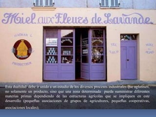 Esta dualidad debe ir unido a un estudio de los diversos procesos industriales que aglutinen,
no solamente un producto, sino que una zona determinada pueda suministrar diferentes
materias primas dependiendo de las estructuras agrícolas que se impliquen en este
desarrollo (pequeñas asociaciones de grupos de agricultores, pequeñas cooperativas,
asociaciones locales);
 