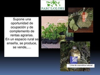 Supone una
oportunidad de
ocupación y de
complemento de
rentas agrarias.
En un espacio rural se
enseña, se produce,
se vende,....
Línia de cosmética natural
 