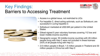 Key Findings:
Barriers to Accessing Treatment
• Access is a global issue, not restricted to LICs
• For hepatitis C, direct acting antivirals, such as Sofosbuvir, are
successful in curing hepatitis C
• Sofosbuvir marketed at US$ 84K per patient in the United
States
• Gilead signed 5 year voluntary licenses covering 112 low and
lower middle-income countries
• Geographic scope: 50 middle-income countries with 49 million
people living with Hep C were not included in these licenses
(43% of all people living with Hep C)
• 2.6 million people in Brazil, 1.5 million people in Thailand and 30
million people in China live with Hep C
15
 