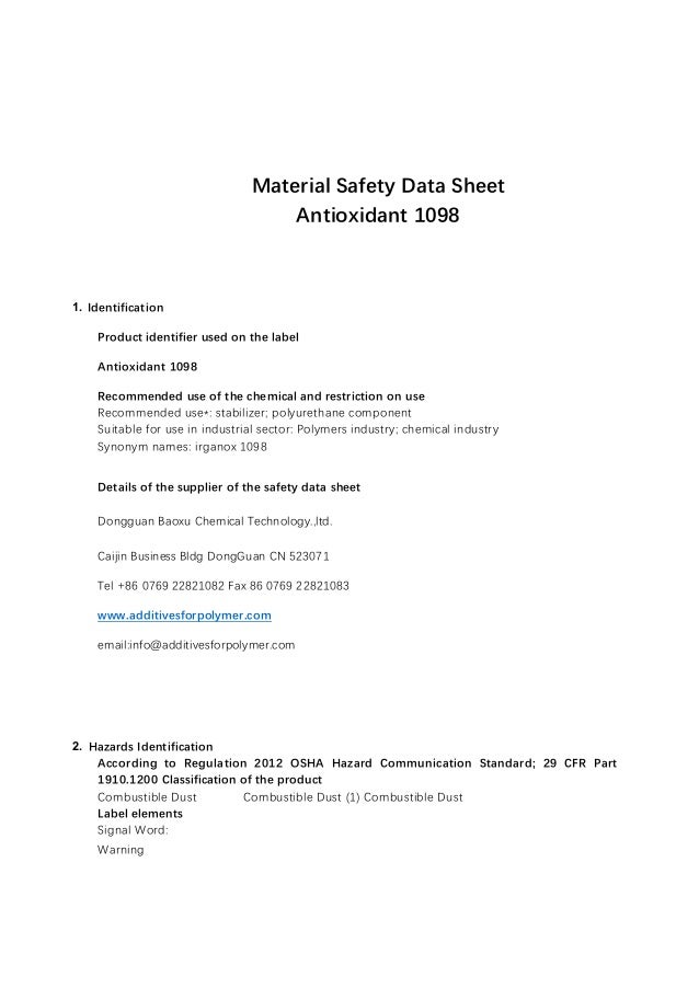 Antioxidant 1098 irganox 1098 23128747 safety data sheet msds sds b…