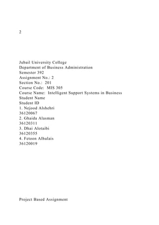 2
Jubail University College
Department of Business Administration
Semester 392
Assignment No.: 2
Section No.: 201
Course Code: MIS 305
Course Name: Intelligent Support Systems in Business
Student Name
Student ID
1. Nejood Alshehri
36120067
2. Ghaida Alasman
36120311
3. Dhai Alotaibi
36120355
4. Fetoon Alhulais
36120019
Project Based Assignment
 